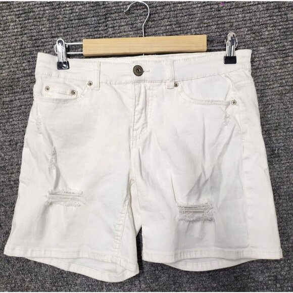 Supplies Womens Jean Shorts 4 White Denim Logo Distressed Mid Rise Flat Front - Picture 1 of 9